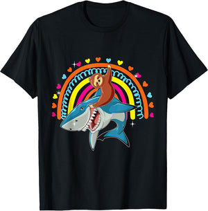 Sloth Riding Shark Funny Zoo Animal Rainbow Hearts Lover