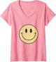 Women's Vintage Smile Face 70's Vibe Yellow Smile V-Neck
