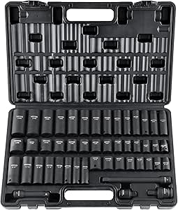 VEVOR Impact Socket Set 3/8" Drive, 48-Piece Standard SAE (5/16 to 3/4 inch) & Metric (8 to 22 mm) Size, Deep & Shallow, 6 Point, CR-V, Extension Bar, Universal Joint, 1/2" F to 3/8" M Reducer