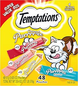 Temptations Creamy Puree Squeezable Lickable Cat Treats, Wet Cat Treats with Beef, Salmon, Chicken, and Tuna Variety Pack, 0.42 oz. Tubes, 48 Count