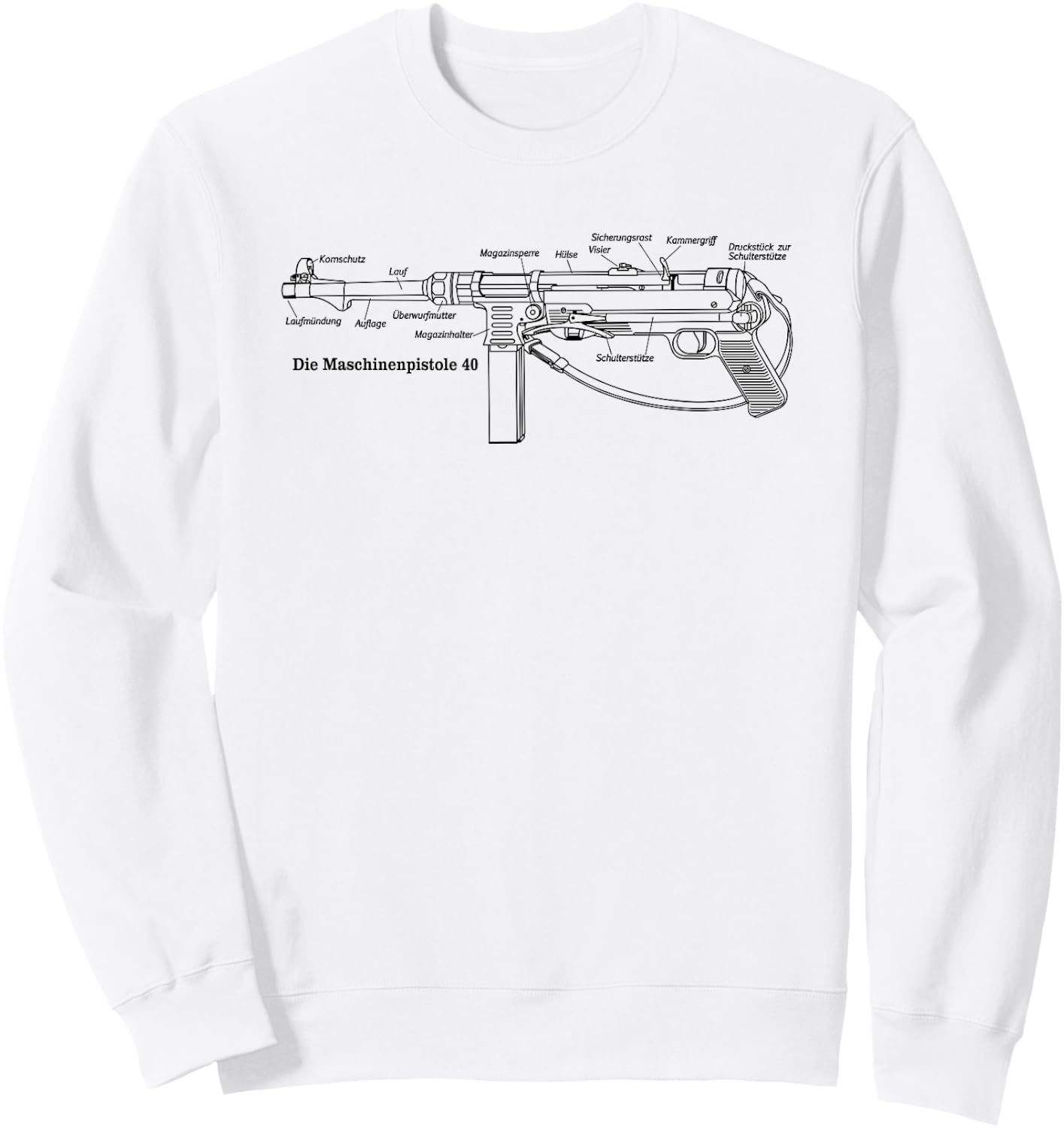 MP40 German WW2 Submachine Gun Infographic in German Sweatshirt - Sweatshirt | White