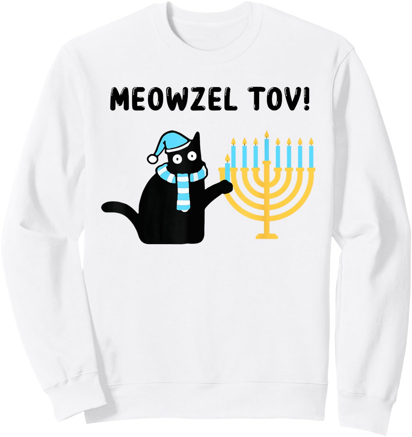 Meowzel Tov Gift Black Cat Mazel Tov Menorah Funny Hanukkah Sweatshirt - Sweatshirt | White
