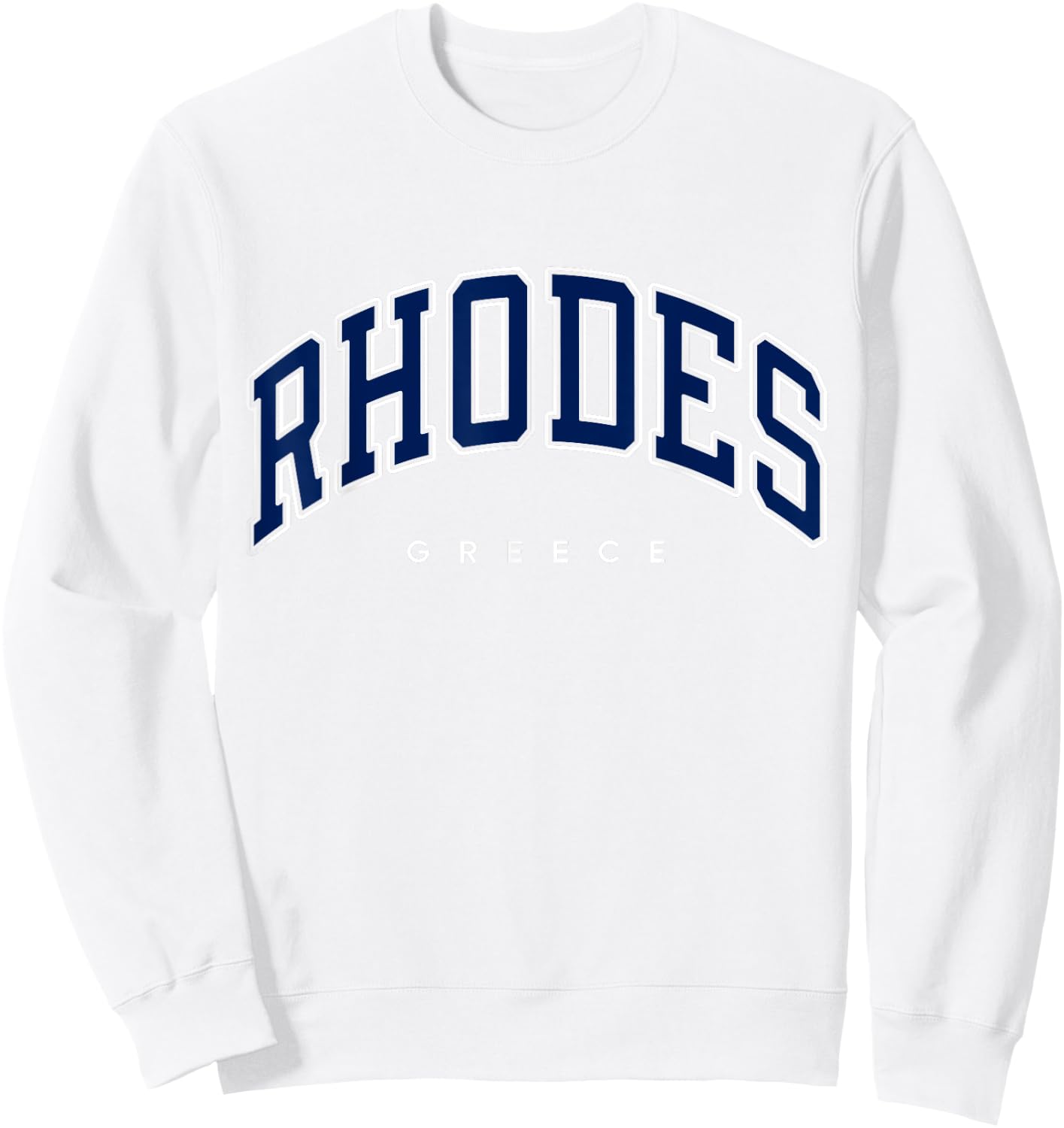 Rhodes Greece Varsity Style Navy Text Sweatshirt - Sweatshirt | White