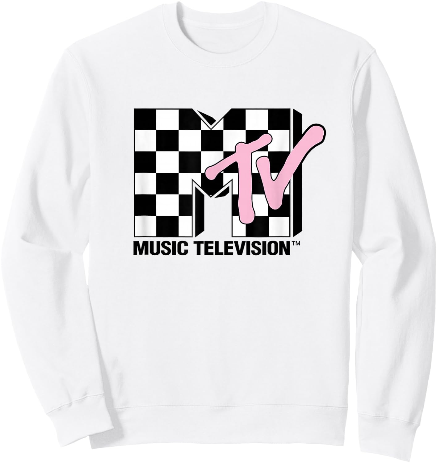 MTV Music Television Retro 80's Pink Neon Checkerboard Logo Sweatshirt - Sweatshirt | White