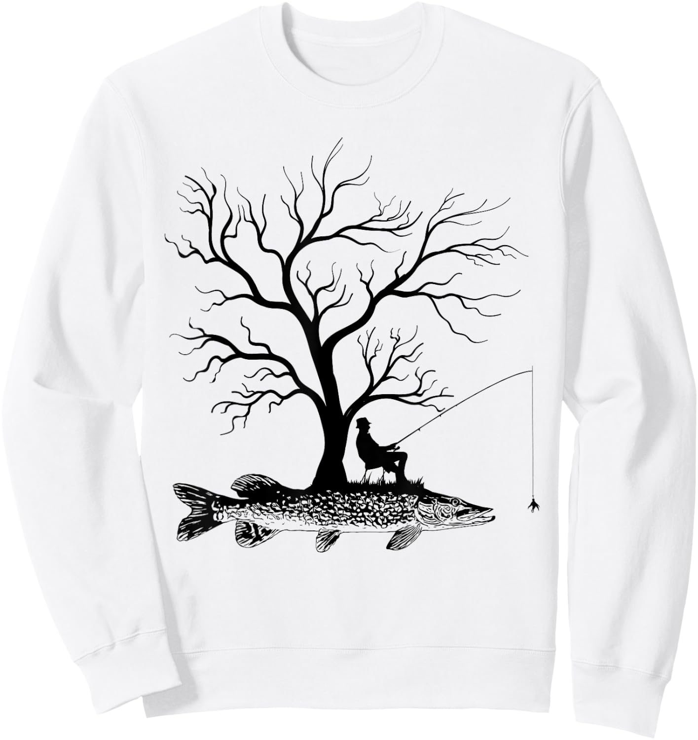Graphic Tree Fishing Rod - Fish Northern Pike Sweatshirt - Sweatshirt | White