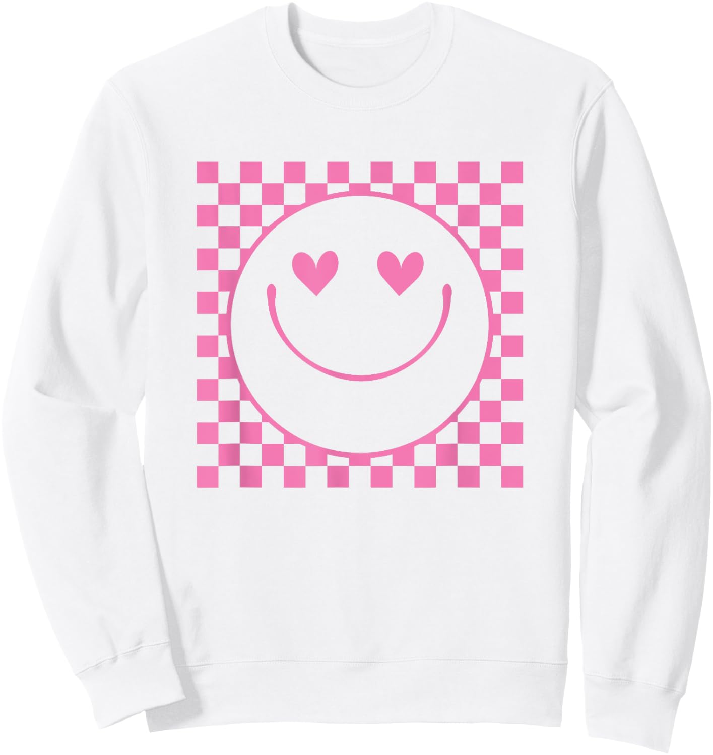 Pink Heart Eyes Smile Face Checkered Pattern Cute Happy Face Sweatshirt - Sweatshirt | White