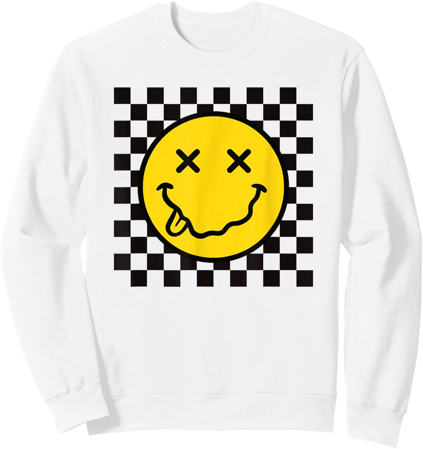 70s Yellow Smile Face Funny Tongue Out Checkered Happy Face Sweatshirt - Sweatshirt | White