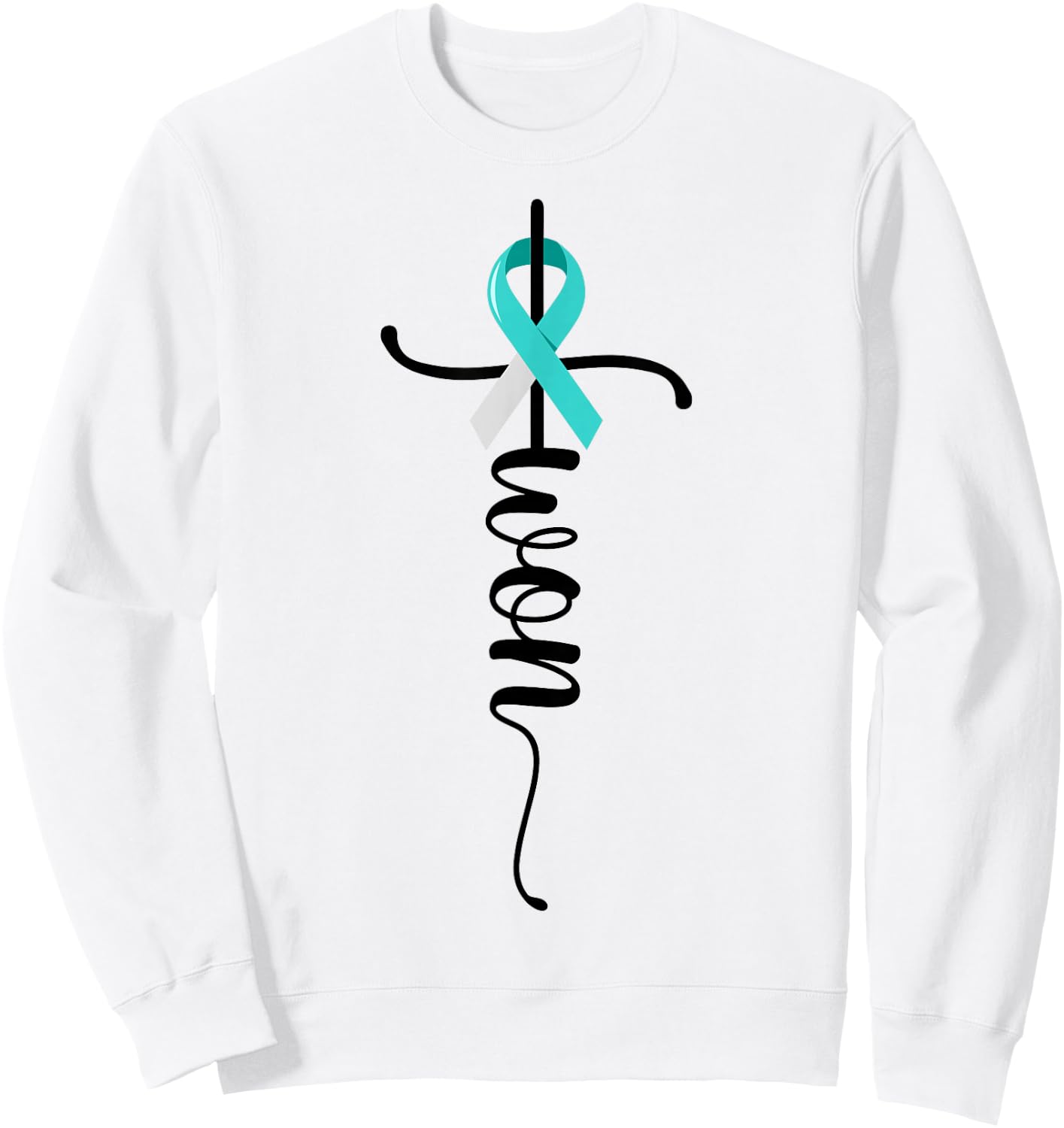 I Won Christian Cross Survivor Teal Ribbon Cervical Cancer Sweatshirt - Sweatshirt | White