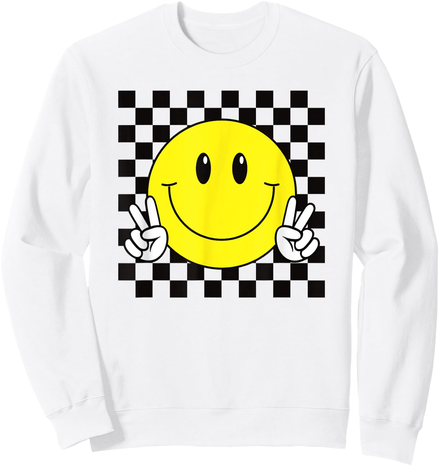 Yellow Smile Face Cute Checkered Peace Smiling Happy Face Sweatshirt - Sweatshirt | White