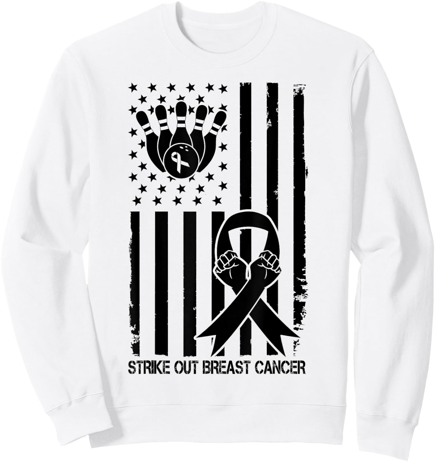 Strike Out Bowling Ribbon USA Flag Breast Cancer Awareness Kids Men Sweatshirt - Sweatshirt | White