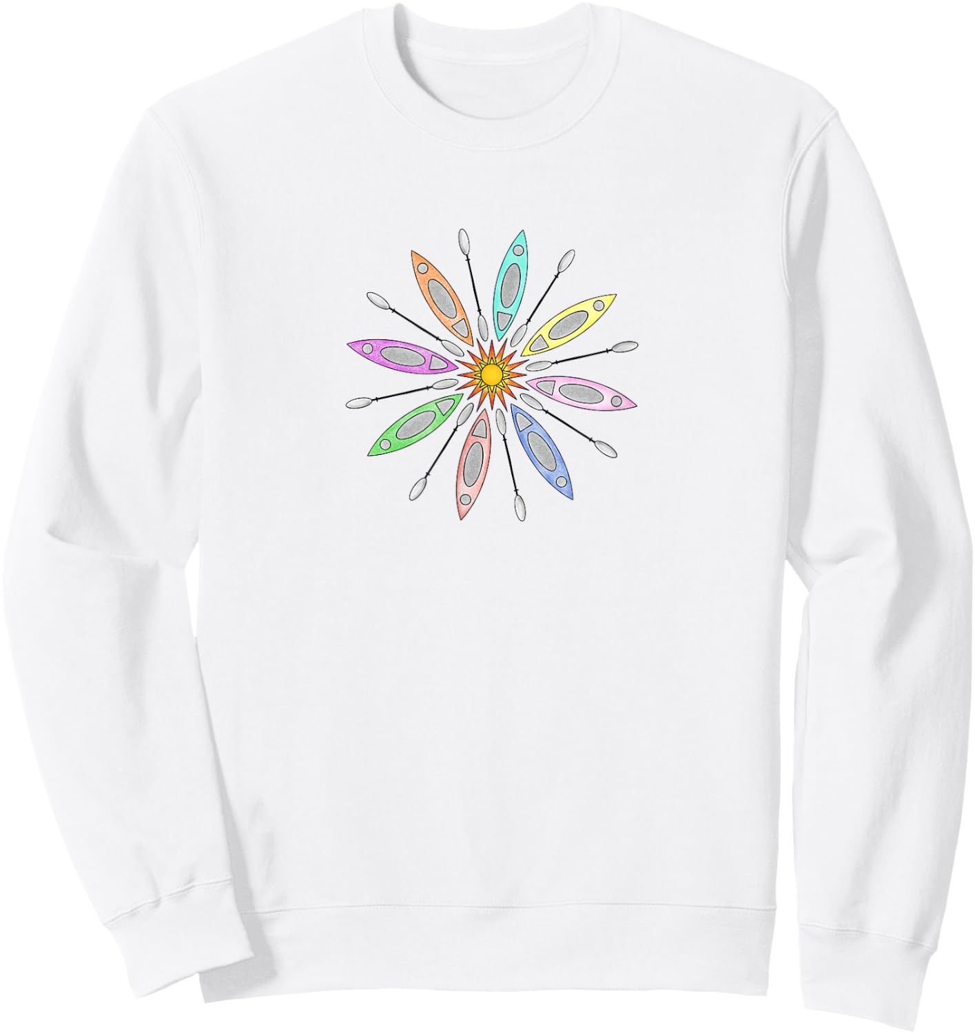 Kayaks and Paddles Around the Sun, Kayakers Mandala Design Sweatshirt - Sweatshirt | White