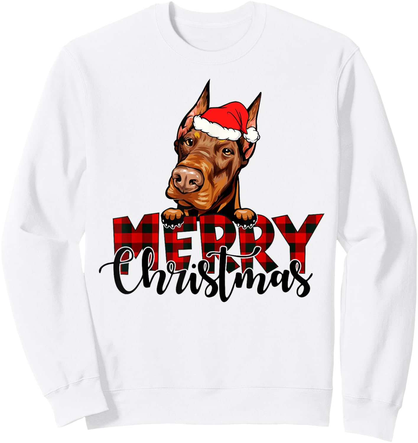 Merry Christmas Doberman Dog Christmas Red Plaid Santa Hat Sweatshirt - Sweatshirt | White