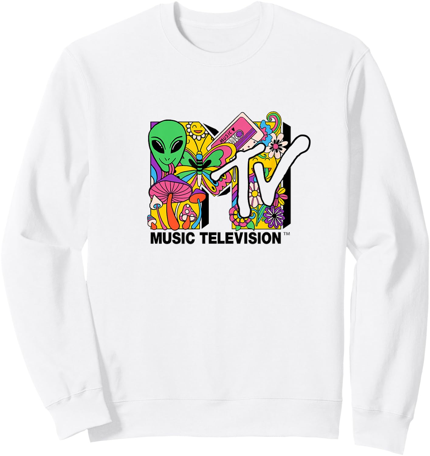Mademark x MTV - The official MTV Logo with mushrooms aliens and flowers Sweatshirt - Sweatshirt | White