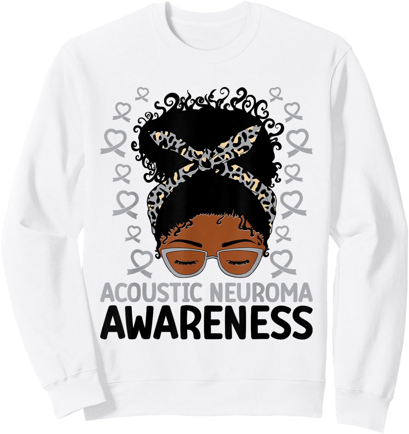 Acoustic Neuroma Awareness Women Messy Bun Gray Ribbon Sweatshirt - Sweatshirt | White