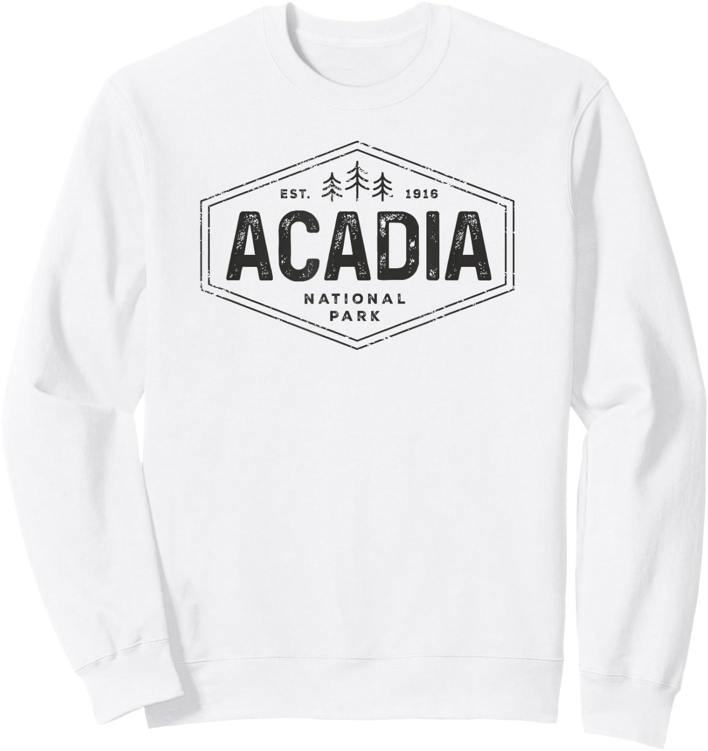 Acadia National Park Shirt Vintage Tree Hexagon Badge Hiking Sweatshirt - Sweatshirt | White