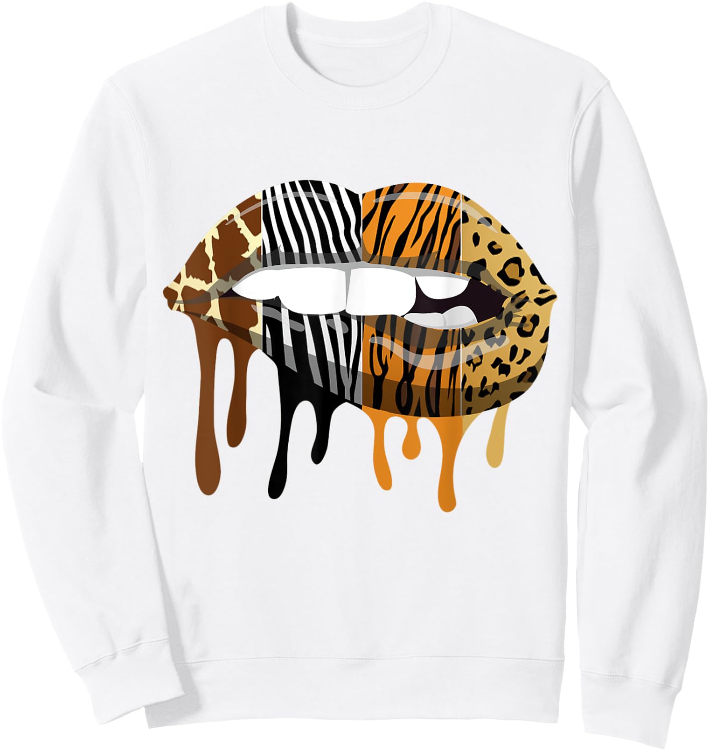 Sexy Biting Lips Animal Print Leopard Tiger Giraffe Zebra Sweatshirt - Sweatshirt | White