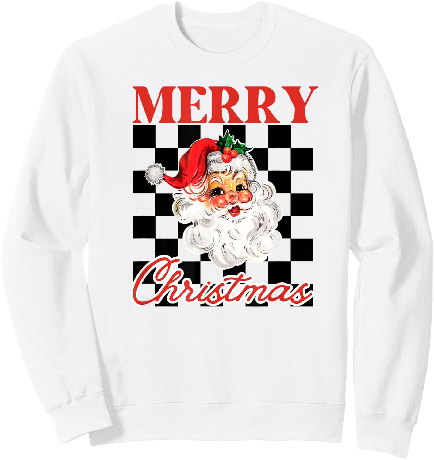 Retro Merry Christmas Checkered Vintage Santa Sweatshirt - Sweatshirt | White