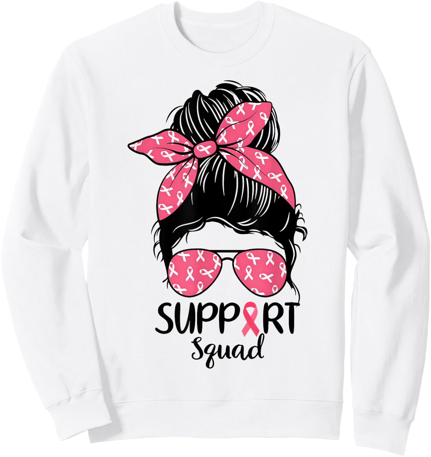 Support Squad Messy Bun Pink Warrior Breast Cancer Awareness Sweatshirt - Sweatshirt | White