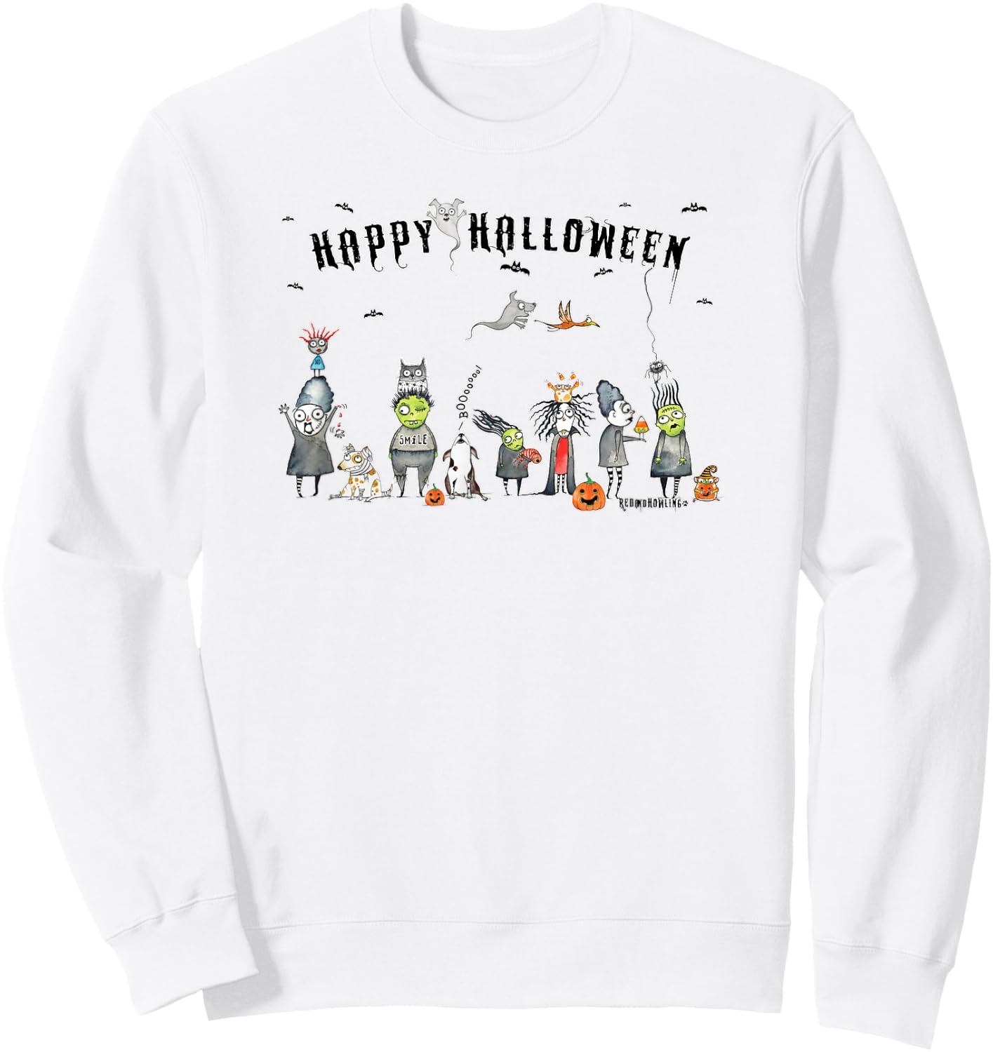 Red and Howling Spooky Friends Halloween Ghosts and Ghouls Sweatshirt - Sweatshirt | White