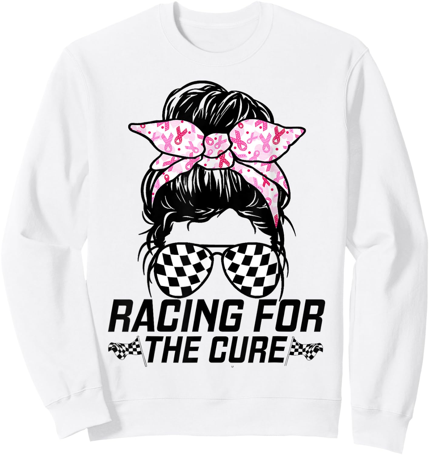 Racing For A Cure Race Mom Grandma Messy Bun Breast Cancer Sweatshirt - Sweatshirt | White