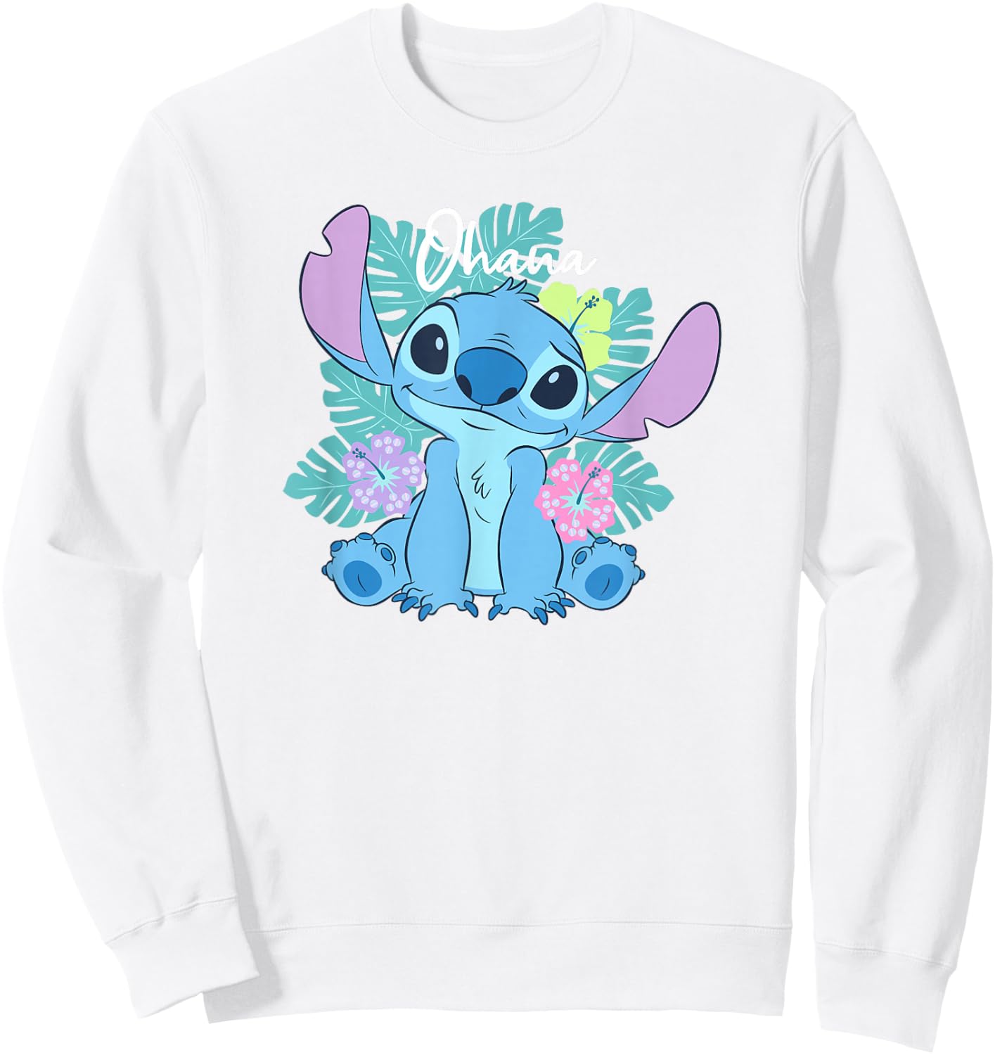 Disney Lilo & Stitch Ohana Adorable Pose Floral Logo Sweatshirt - Sweatshirt | White