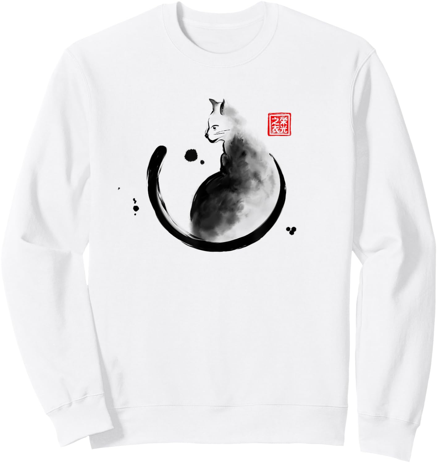 Artistic Cat Feline Japanese Ink Sumi-e Design Men Women Kids Sweatshirt - Sweatshirt | White