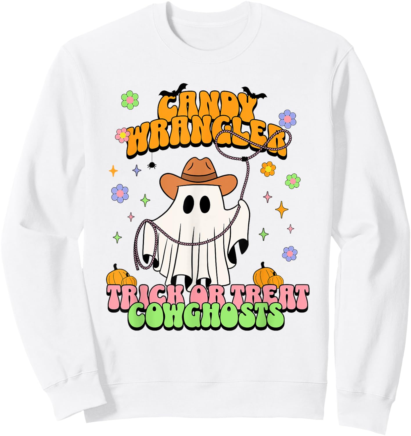 Cute Cowgirl Ghost Retro Western Groovy Halloween Treats Sweatshirt - Sweatshirt | White