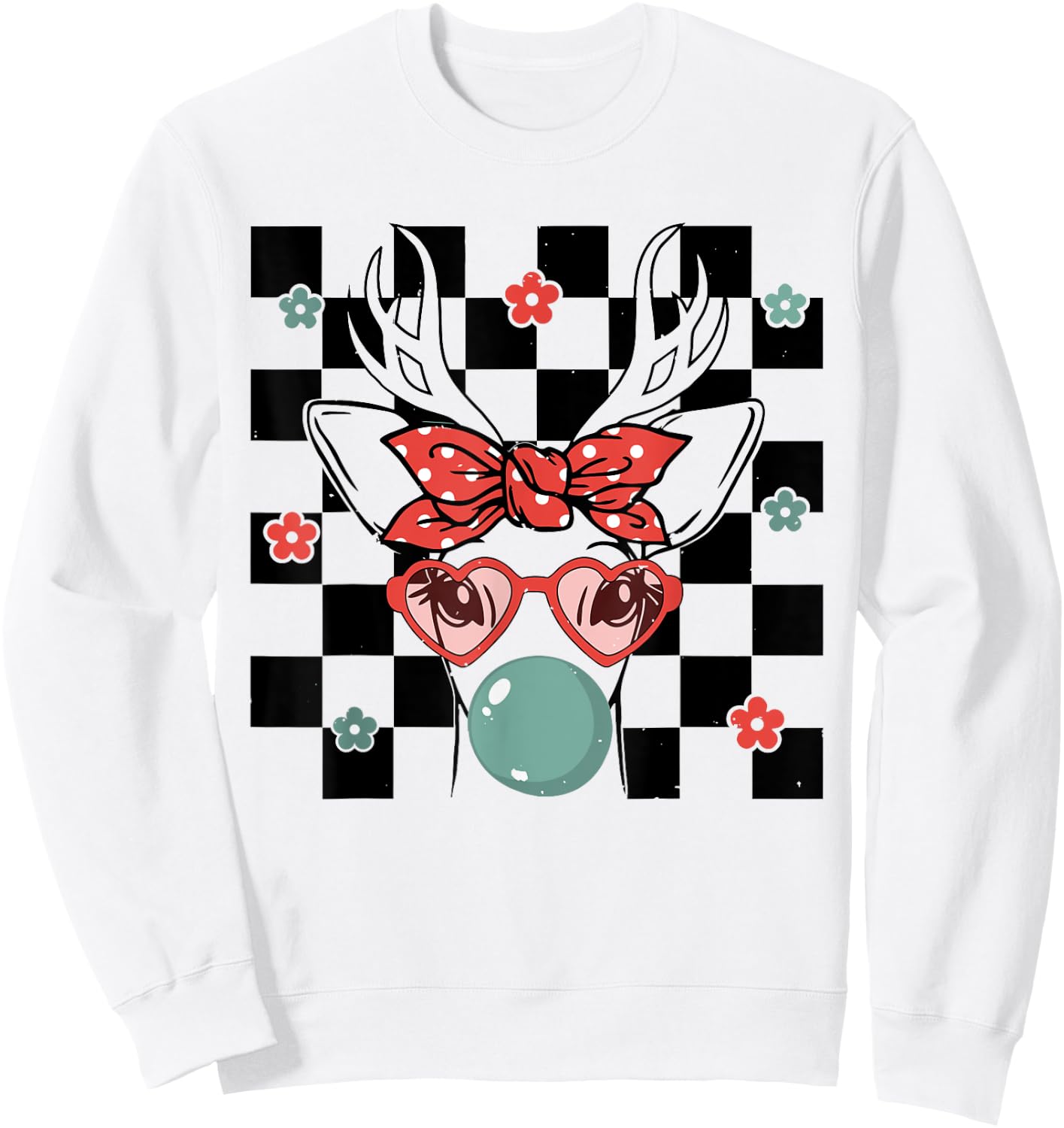 Cute Reindeer Wearing Glasses Bubblegum Checkered Christmas Sweatshirt - Sweatshirt | White