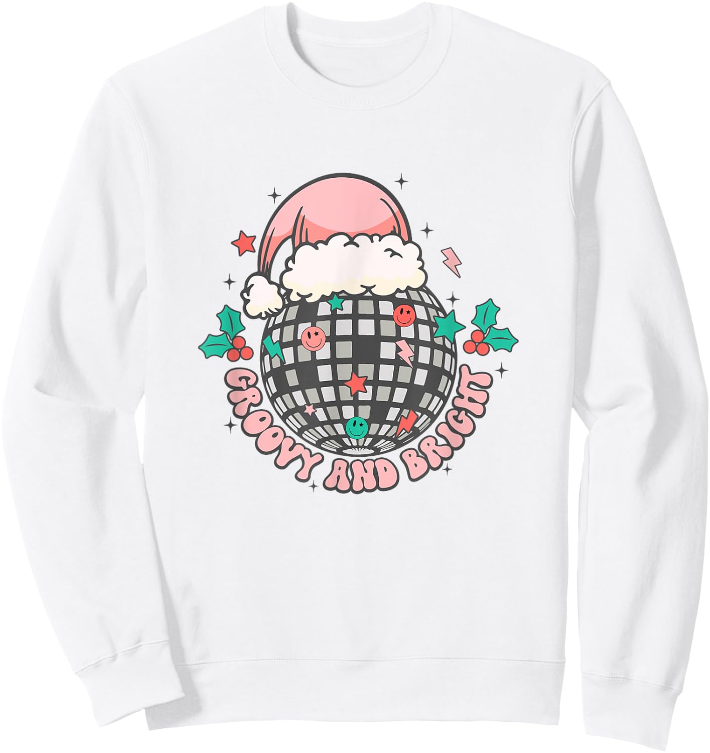 Disco Christmas Ball Retro Groovy Bright Santa Hat Sweatshirt - Sweatshirt | White