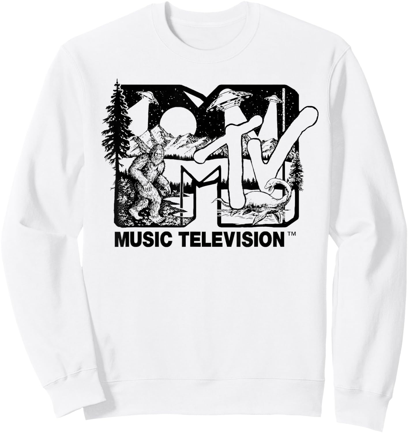 Mademark x MTV - Cryptid-Filled MTV Logo Feat. Bigfoot, UFO, & Nessie Outline Sweatshirt - Sweatshirt | White