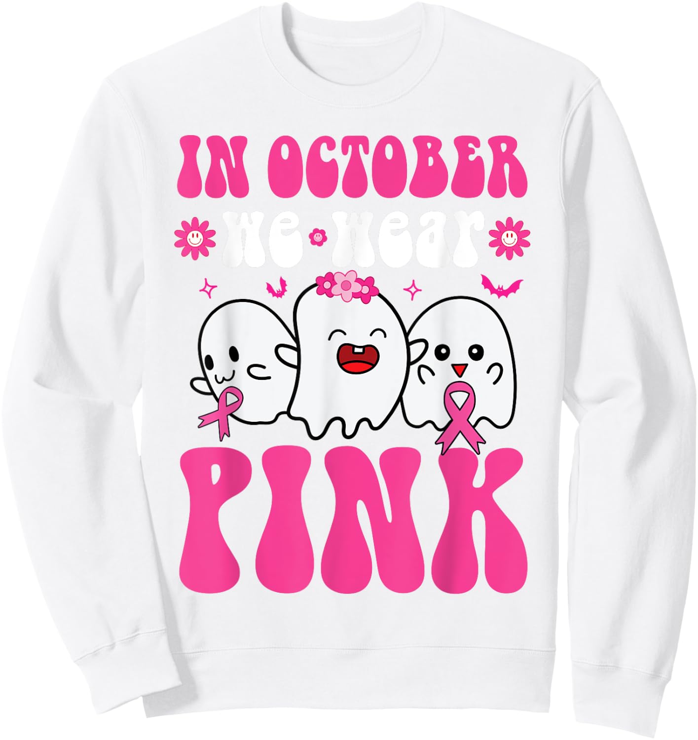 Groovy Wear Pink Breast Cancer Warrior Ghost Halloween Girls Sweatshirt - Sweatshirt | White