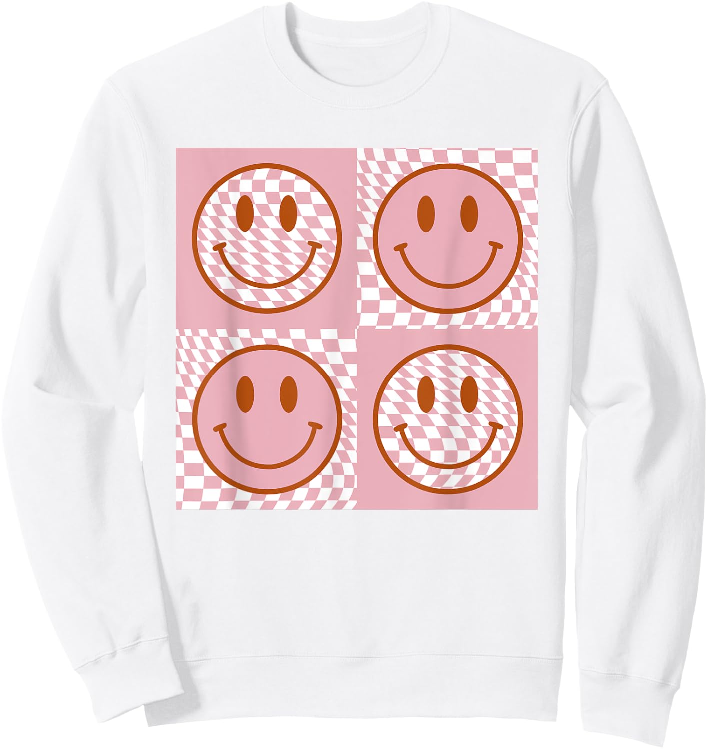 Checkered Pattern Happy Face Shirt Retro Pink Smile Face Sweatshirt - Sweatshirt | White