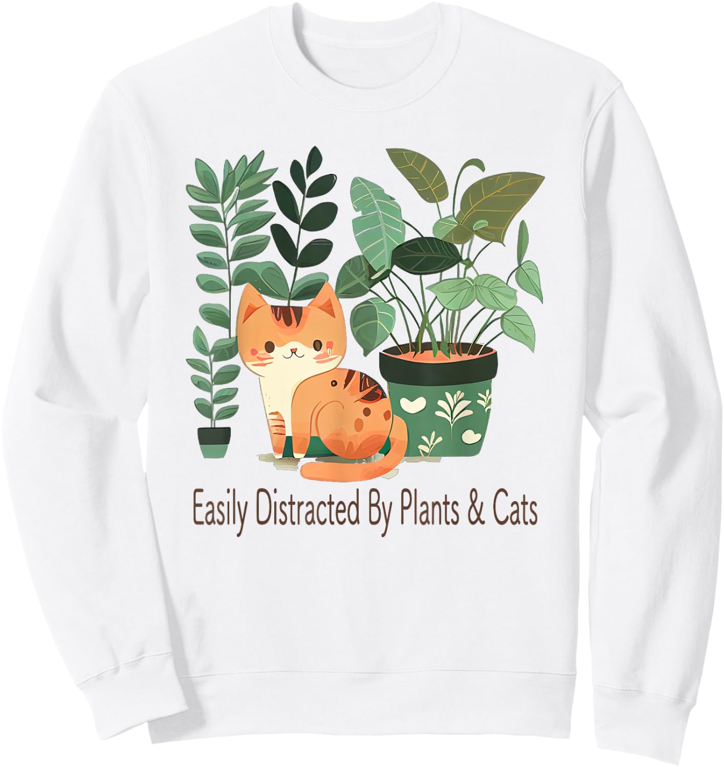 Easily Distracted By Plants And Cats Kawaii Cute Cat Plant Women Kids Sweatshirt - Sweatshirt | White