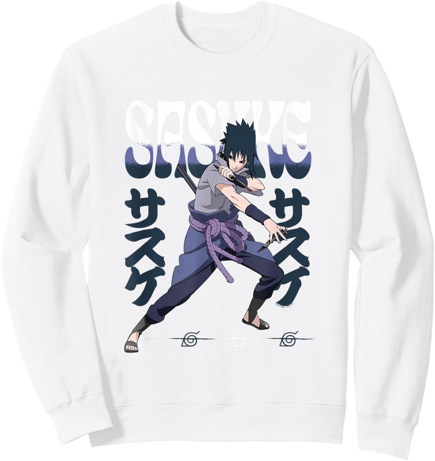 Naruto Shippuden Sasuke Attack Pose with Kanji Anime Sweatshirt - Sweatshirt | White