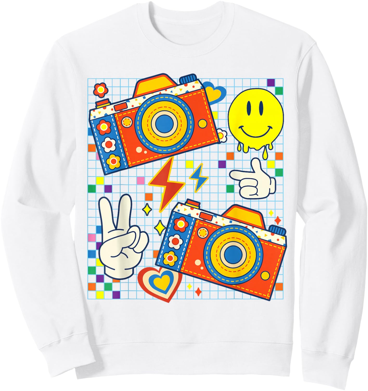 Kidcore Aesthetic Camera Fabric Patches Decora Kei Sweatshirt - Sweatshirt | White
