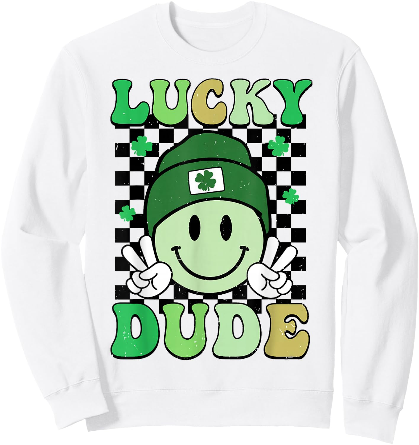 Groovy Lucky Dude Shamrock Smile Boys Kids St. Patrick's Day Sweatshirt - Sweatshirt | White