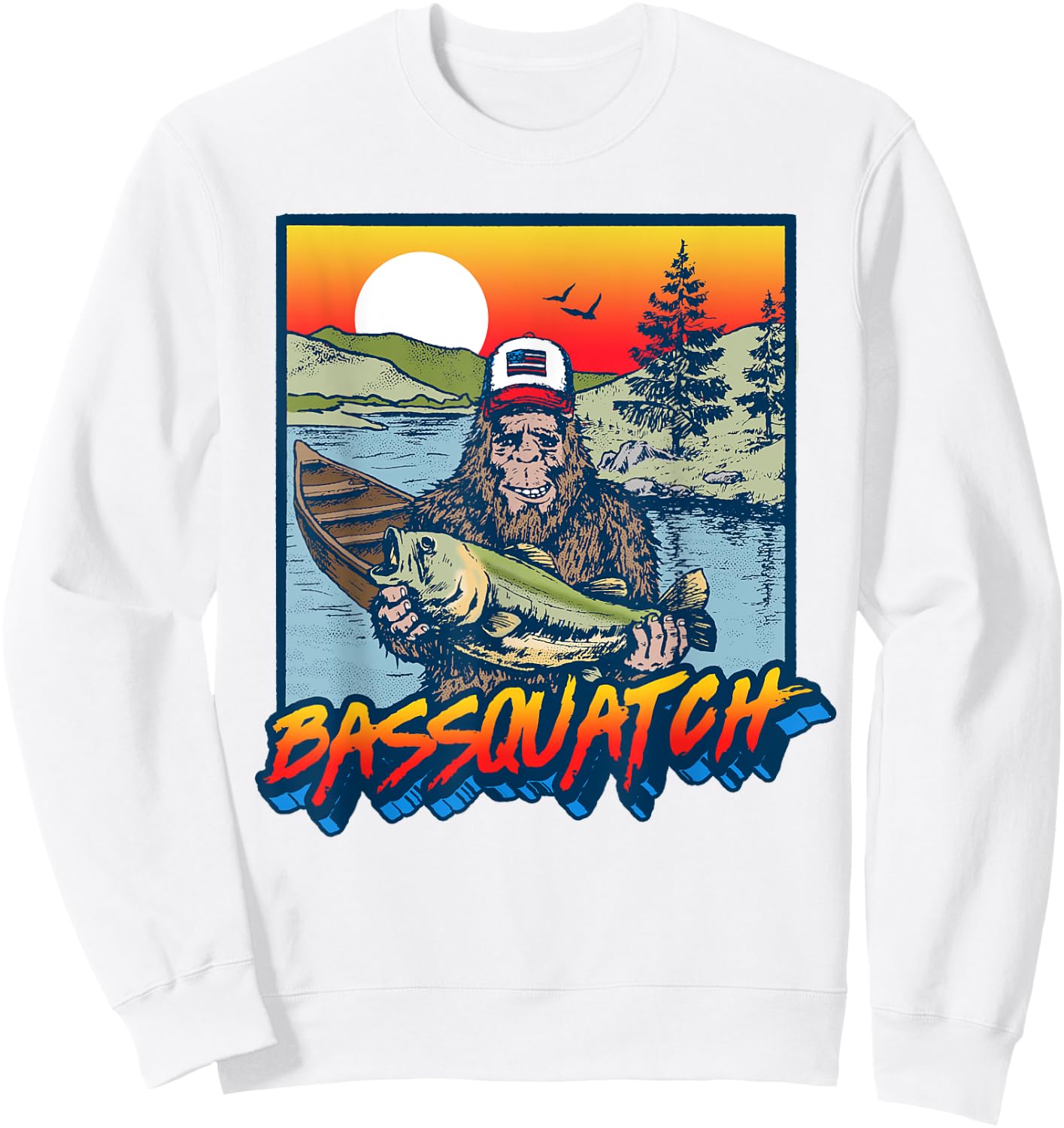 Bassquatch! Funny Bass Fishing Sasquatch Retro 80s Sweatshirt - Sweatshirt | White