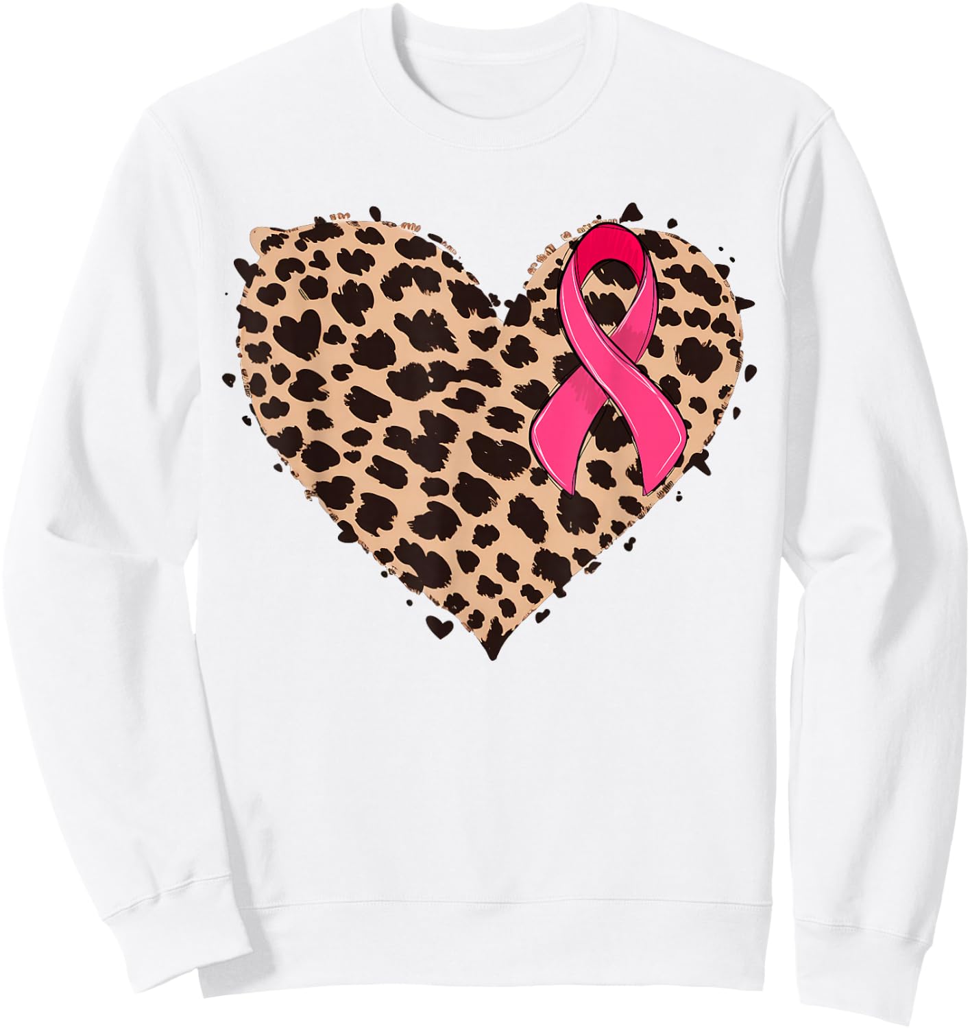 Breast cancer Pink ribbon Cheetah Leopard Heart Print Sweatshirt - Sweatshirt | White