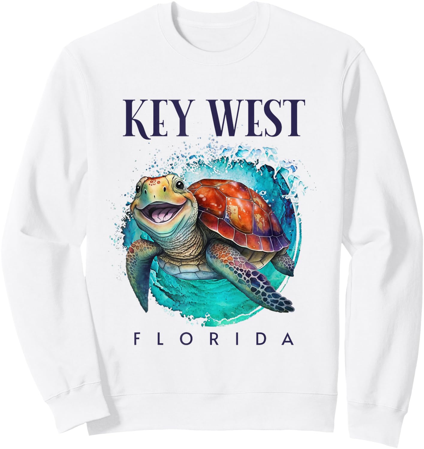 Key West Florida Watercolor Happy Sea Turtle Sweatshirt - Sweatshirt | White