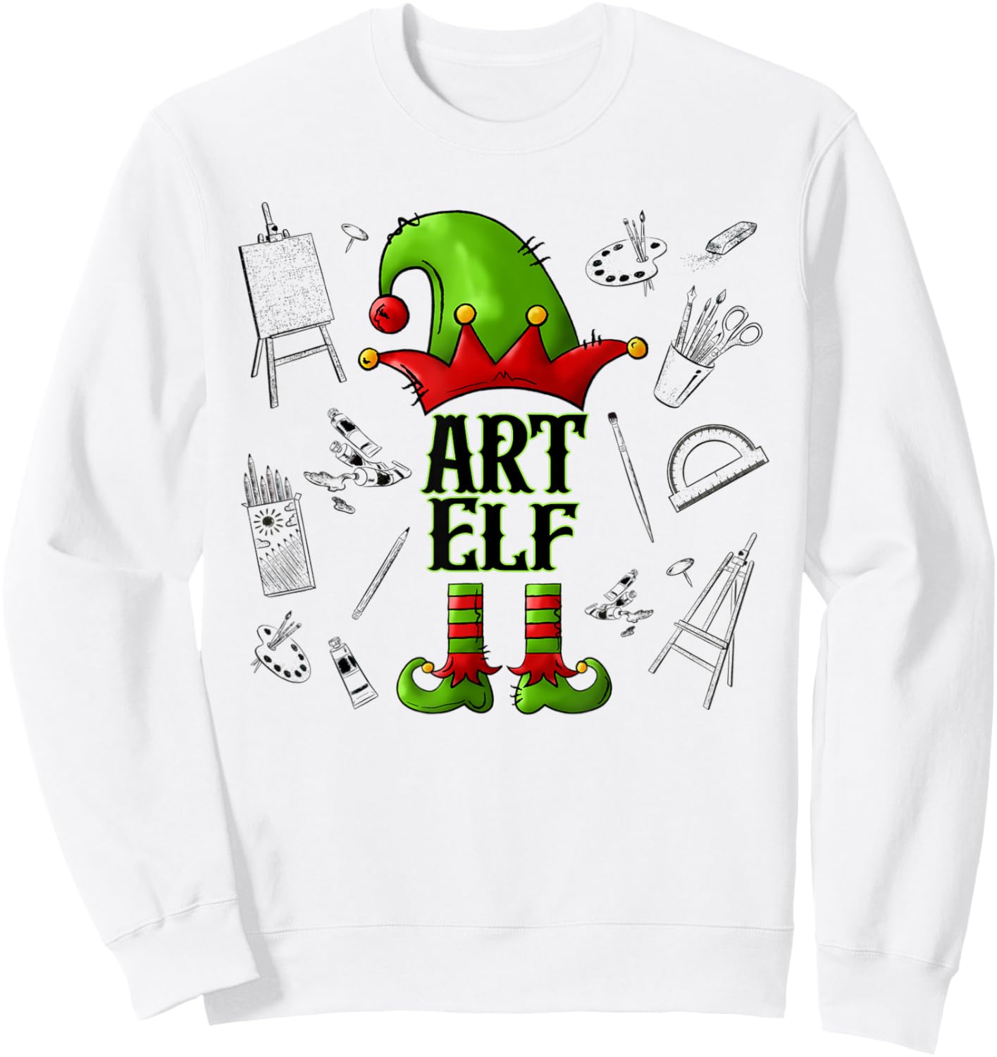 Art Elf Christmas Pajama Merry Christmas Art Teacher Women Kids Sweatshirt - Sweatshirt | White