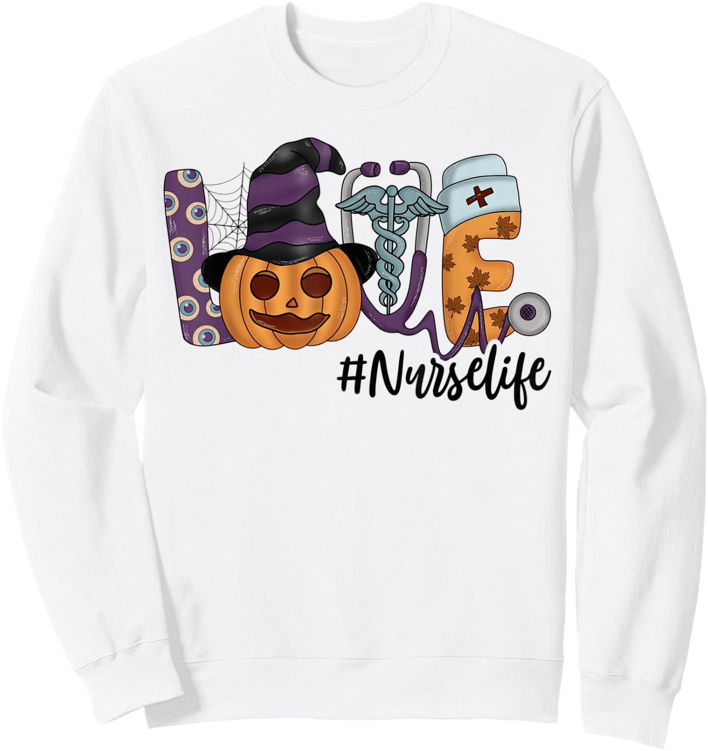 Halloween Love Nurse Stethoscope Pumpkin Health Worker Sweatshirt - Sweatshirt | White