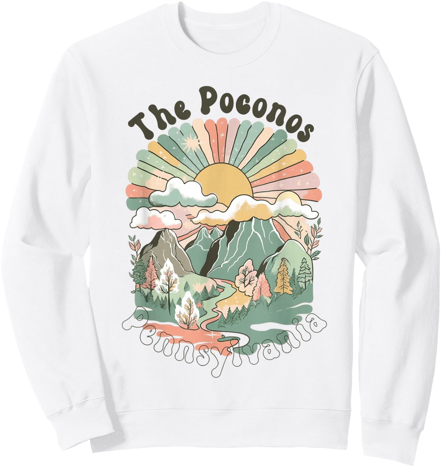 Vintage The Poconos Pennsylvania Mountains Hiking Sunset Sweatshirt - Sweatshirt | White