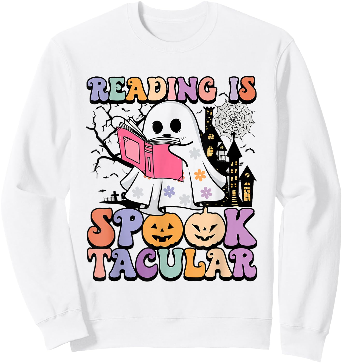 Reading Is Spooktacular Funny Ghost Reading Book Halloween Sweatshirt - Sweatshirt | White