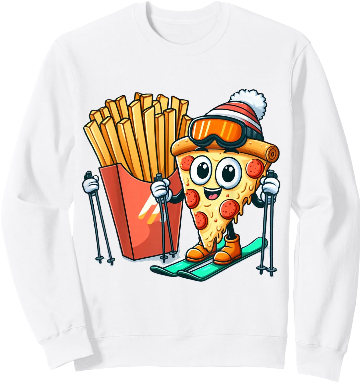 Kid's Ski Lesson Pizza French Fry Skiing Sweatshirt - Sweatshirt | White