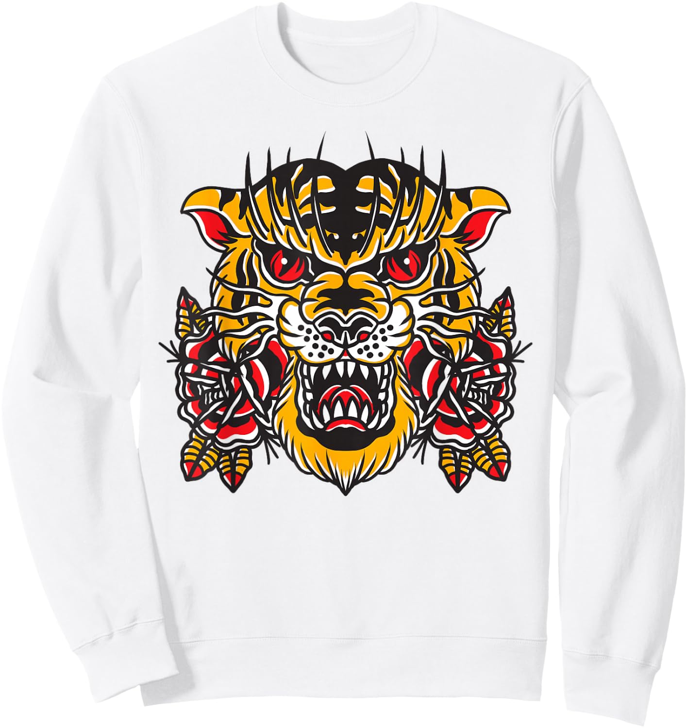 American Traditional Tattoo Flash Tiger Flower Old School Sweatshirt - Sweatshirt | White