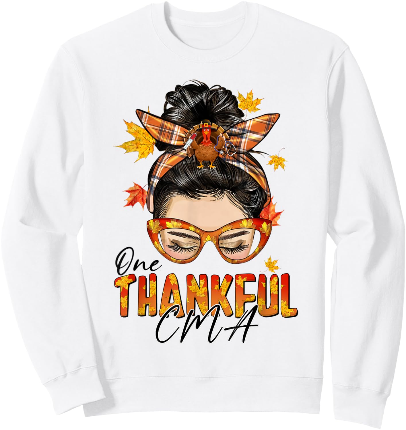 One Thankful CMA Turkey Messy Bun Fall Thanksgiving Sweatshirt - Sweatshirt | White