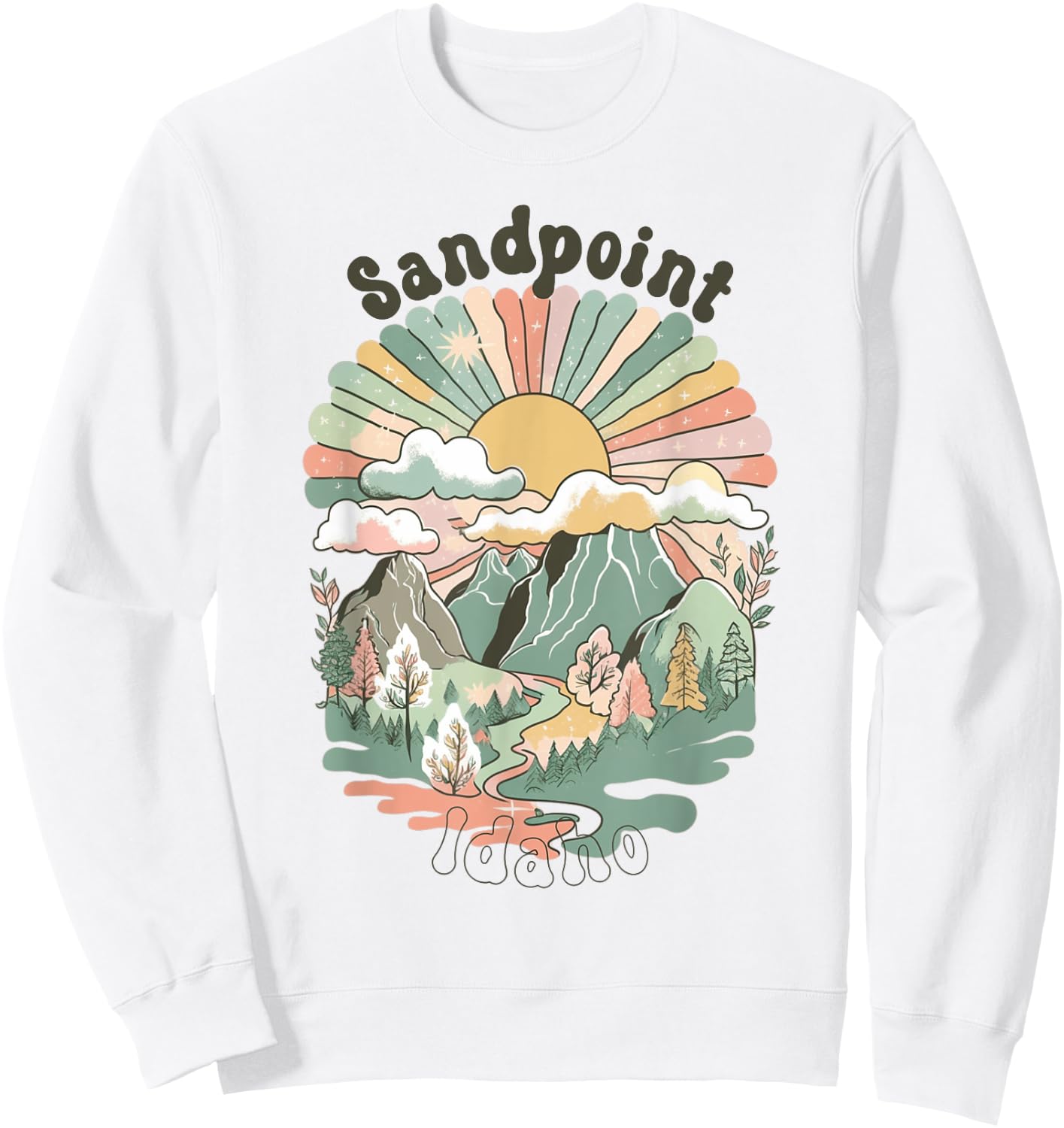 Vintage Sandpoint Idaho Mountains Hiking Sunset Groovy Sweatshirt - Sweatshirt | White