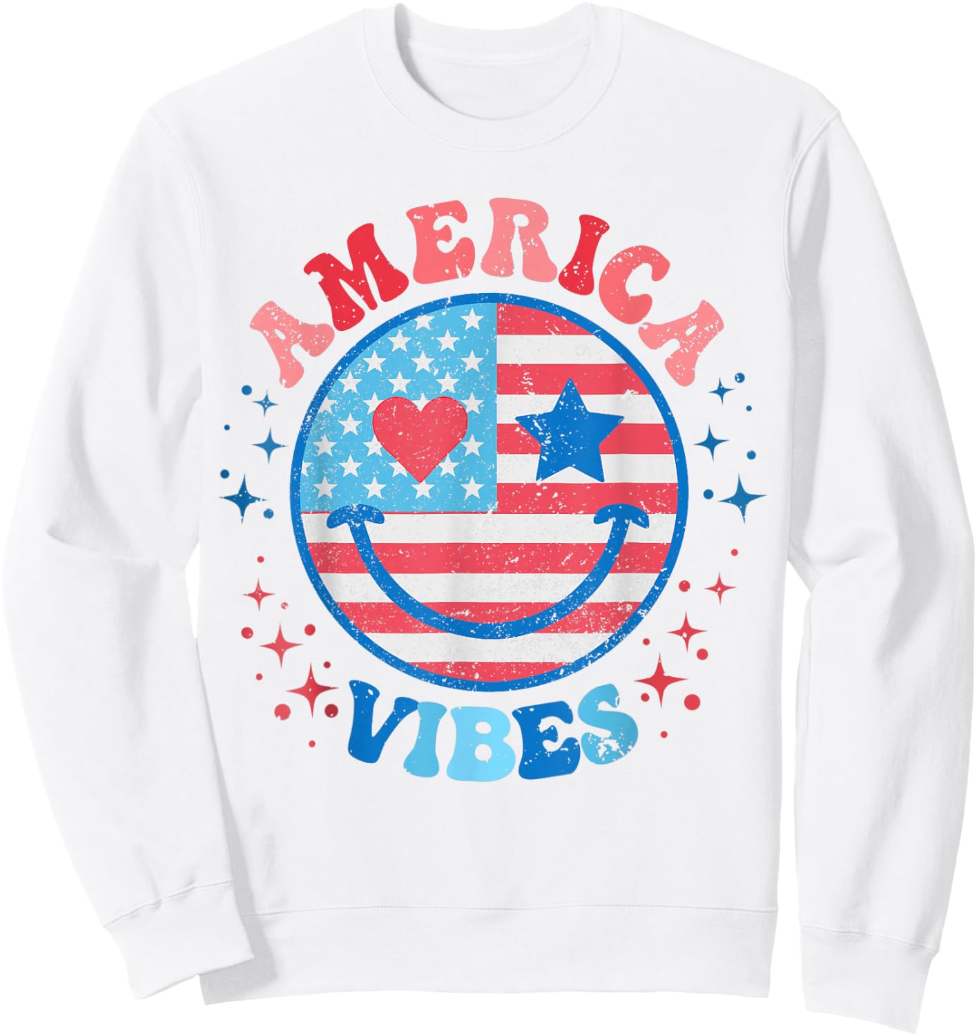 America Vibes Smile Face American Flag 4th of July Groovy Sweatshirt - Sweatshirt | White