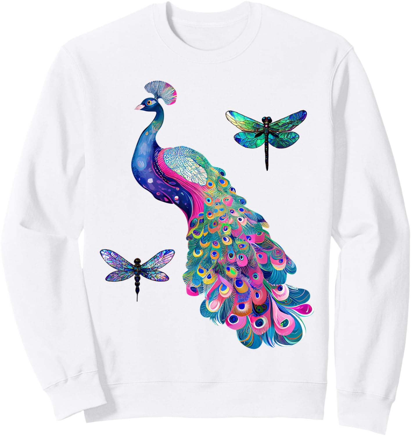 Colorful Peacock Feathers Dragonflies Graphic Art Design Sweatshirt - Sweatshirt | White