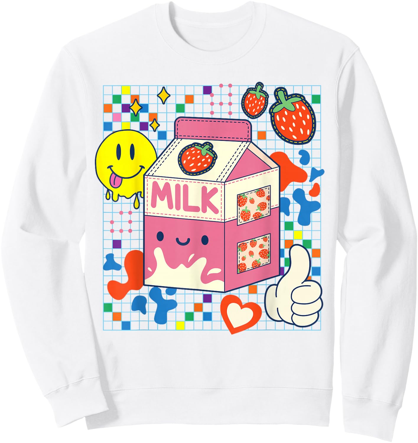Kidcore Aesthetic Strawberry Milk Fabric Patches Decora Kei Sweatshirt - Sweatshirt | White